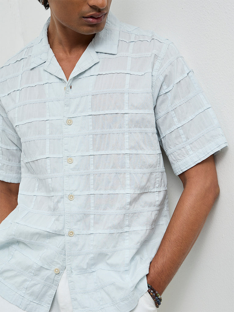 ETA Light Blue Pintuck Design Relaxed-Fit Cotton Shirt