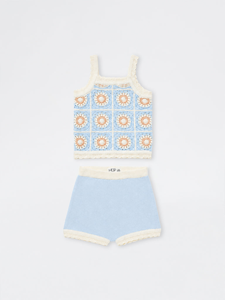 HOP Baby Girls Light Blue Embroidered Cotton Top and Shorts Set