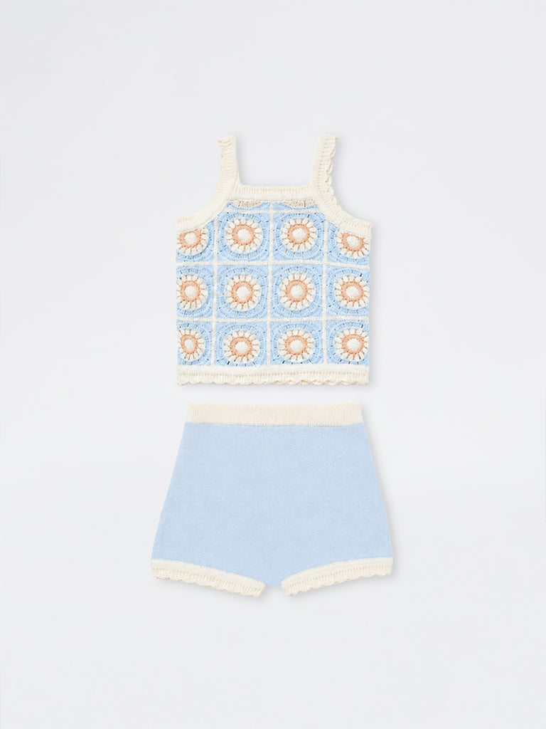 HOP Baby Girls Light Blue Embroidered Cotton Top and Shorts Set