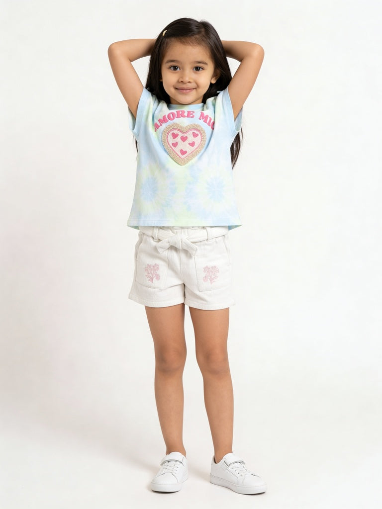 HOP Kids Girls Multicolour Tie-Dye Heart Applique Cotton Top