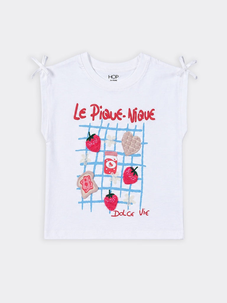 HOP Kids Girls Off-White Picnic Graphic Cotton Top