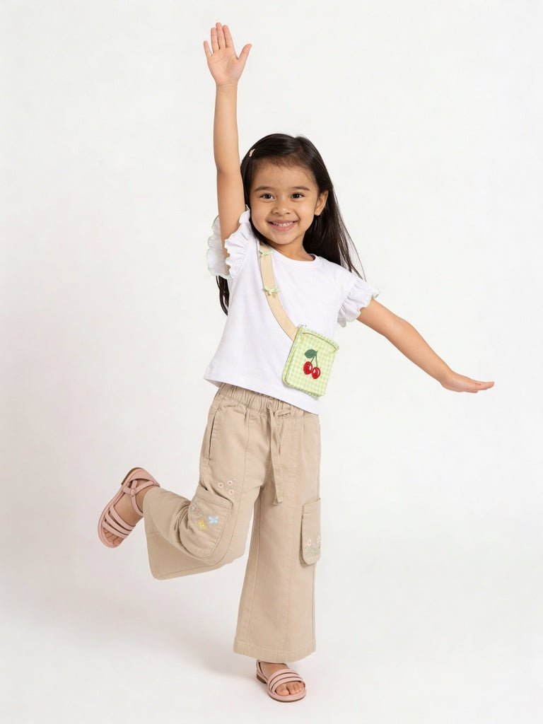 HOP Kids Girls White Cherry Gingham Bag Cotton T-Shirt