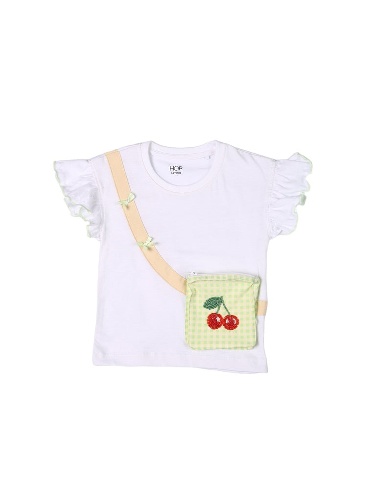 HOP Kids Girls White Cherry Gingham Bag Cotton T-Shirt