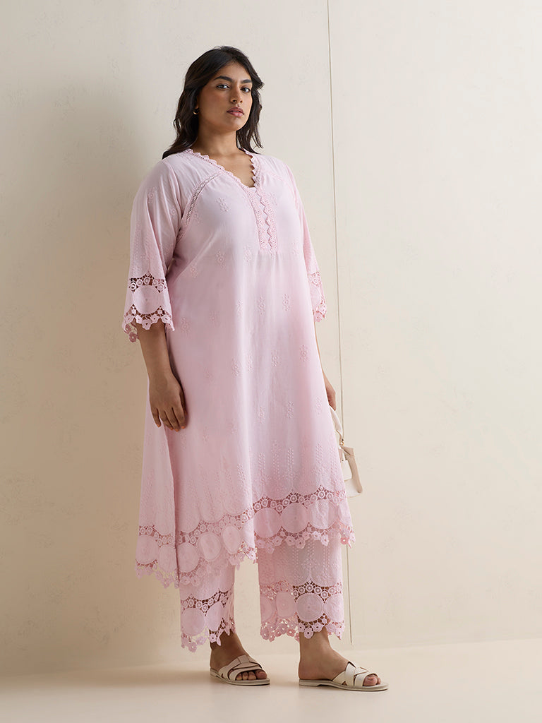 Diza Light Pink Embroidered Cotton Pants