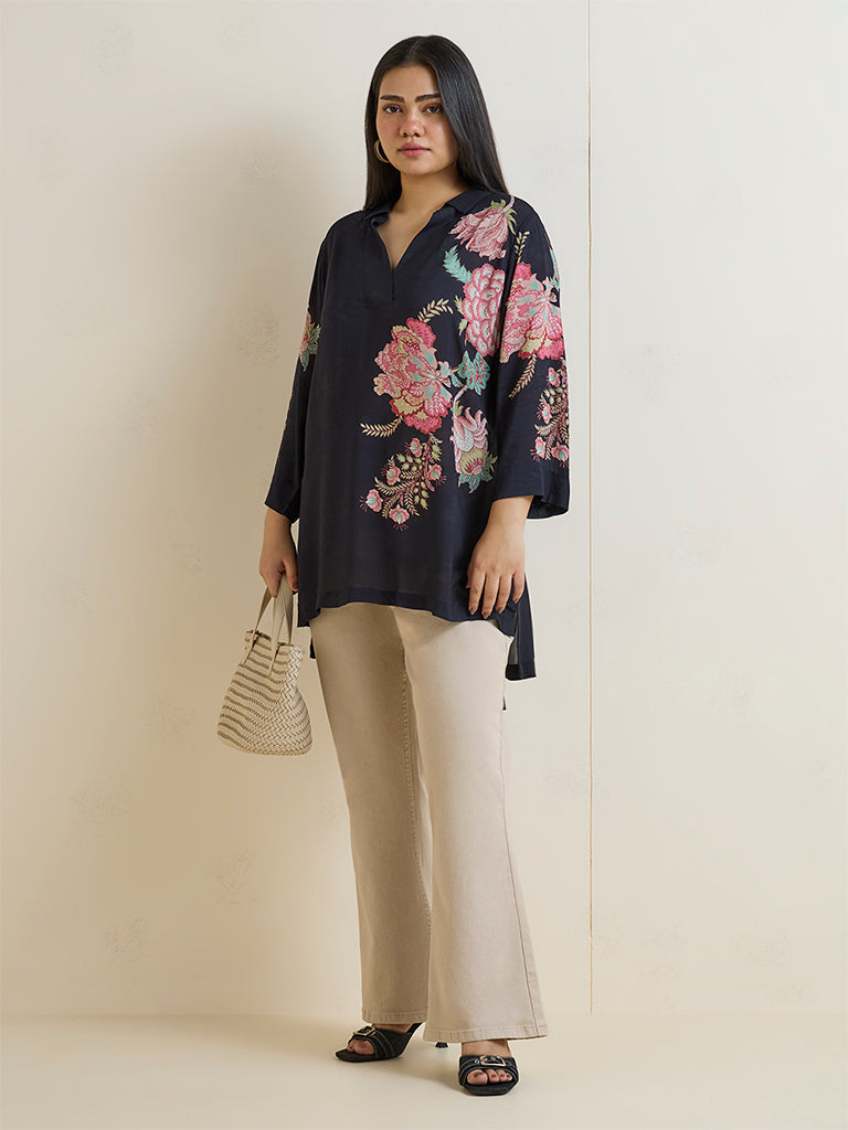 Diza Black Floral Design High-Low Tunic