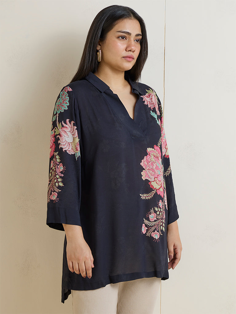 Diza Black Floral Design High-Low Tunic
