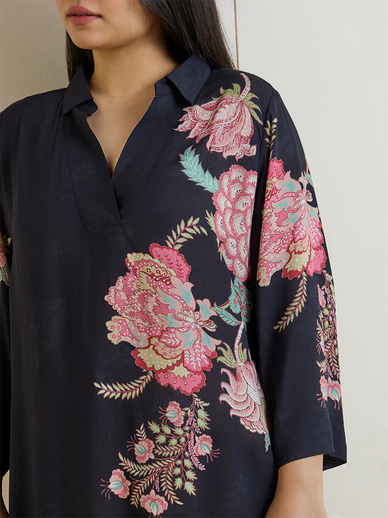 Diza Black Floral Design High-Low Tunic