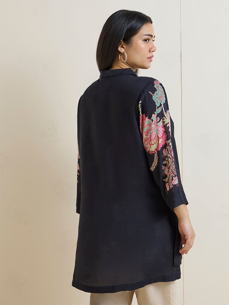 Diza Black Floral Design High-Low Tunic