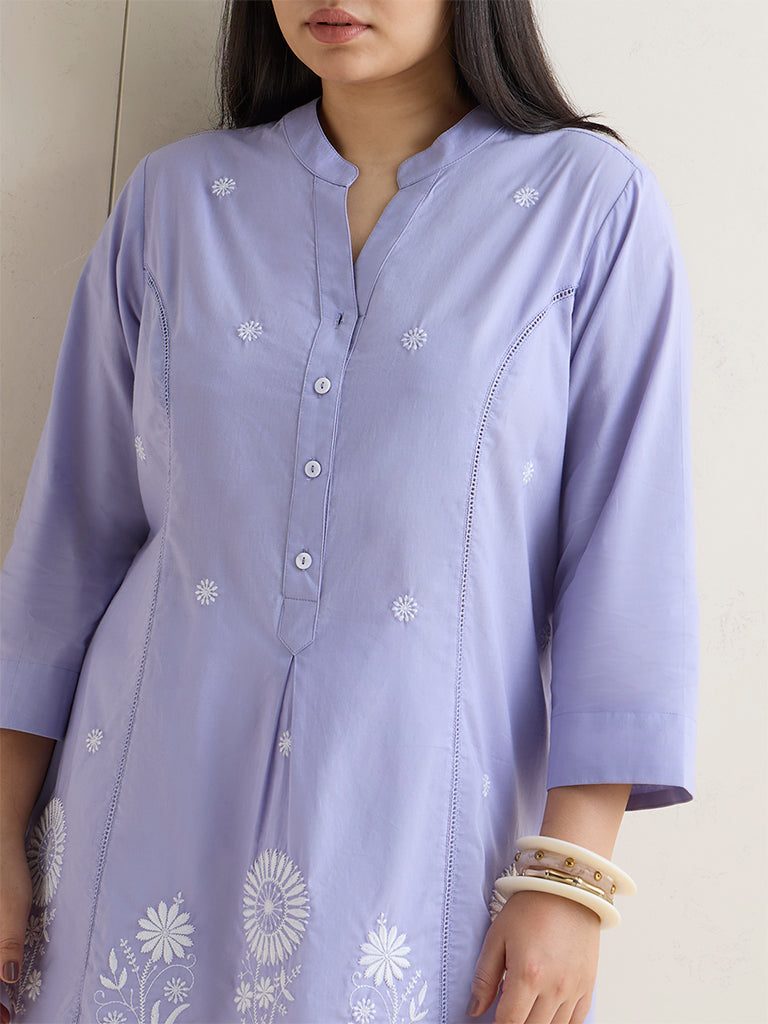Diza Lilac Floral Embroidered Cotton Straight Kurti