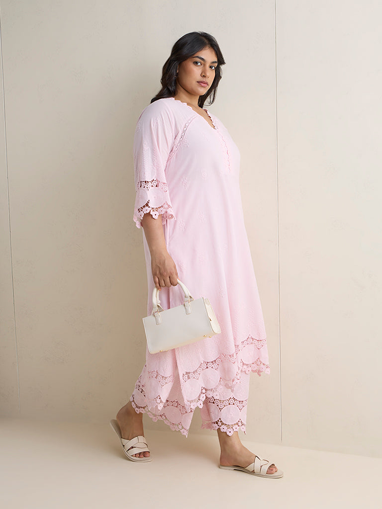Diza Light Pink Embroidered Cotton A-Line Kurta