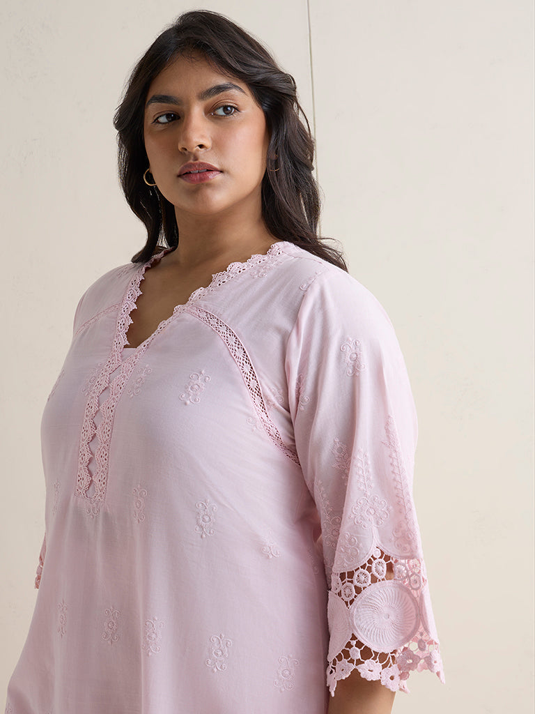 Diza Light Pink Embroidered Cotton A-Line Kurta