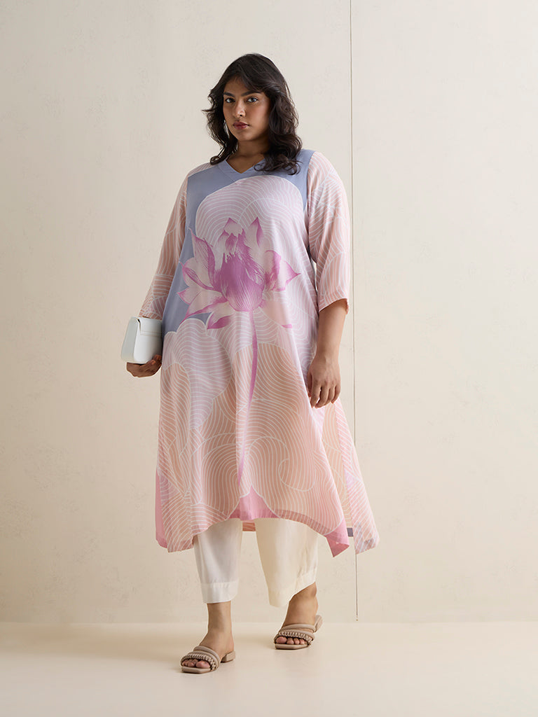 Diza Pink Floral Printed A-Line Kurta
