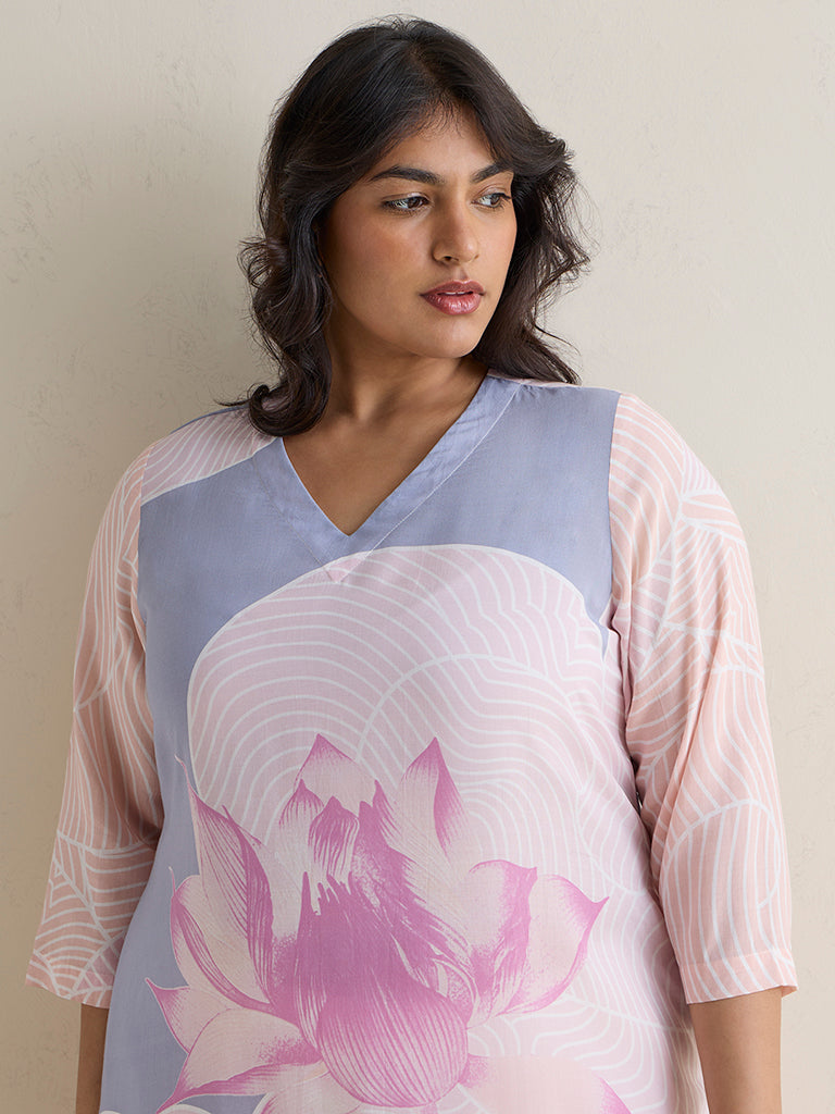 Diza Pink Floral Printed A-Line Kurta
