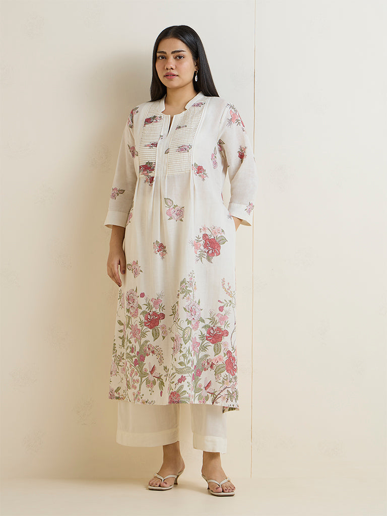 Diza Off-White Floral Pattern Cotton-Blend A-Line Kurta