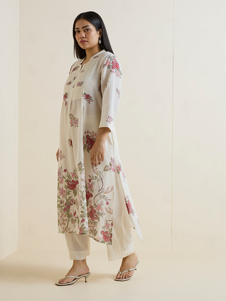 Diza Off-White Floral Pattern Cotton-Blend A-Line Kurta