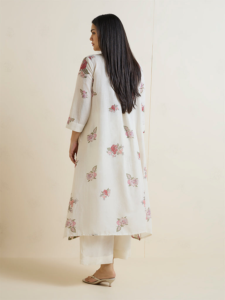 Diza Off-White Floral Pattern Cotton-Blend A-Line Kurta