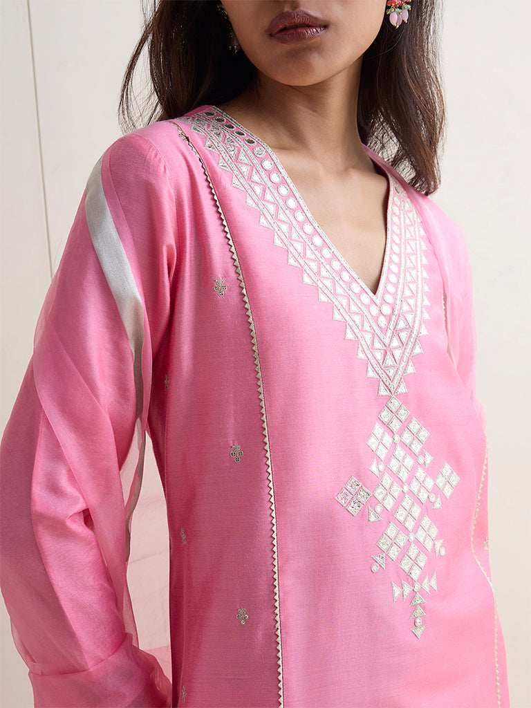 Vark Pink Mirror Work A-Line Ethnic Set