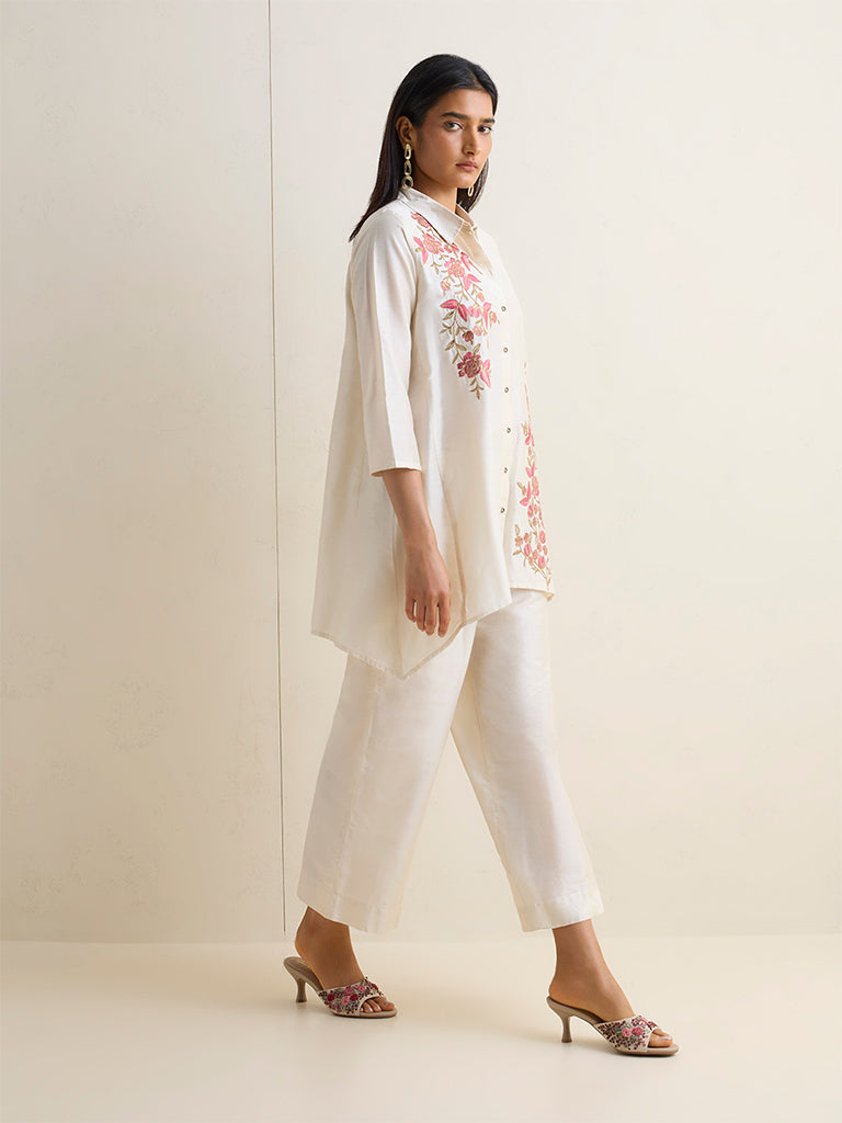 Vark Off-White Floral Embroidered Co-ord Set