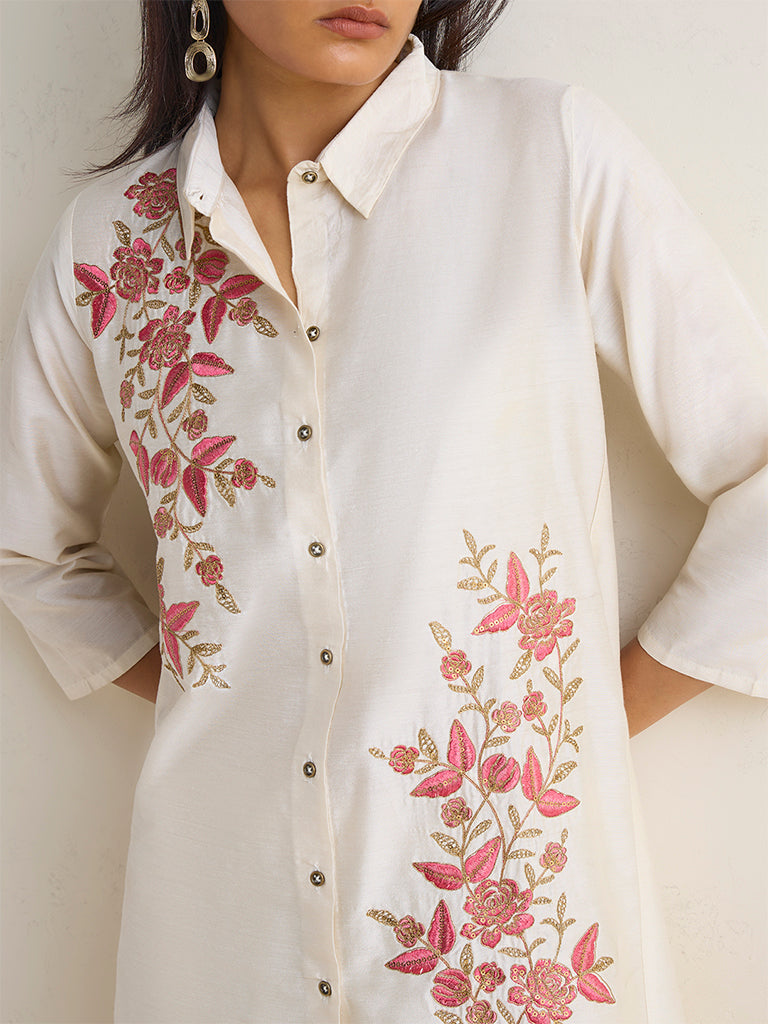 Vark Off-White Floral Embroidered Co-ord Set