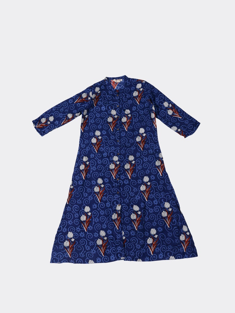 Utsa Indigo Foliage Pattern A-Line Kurta