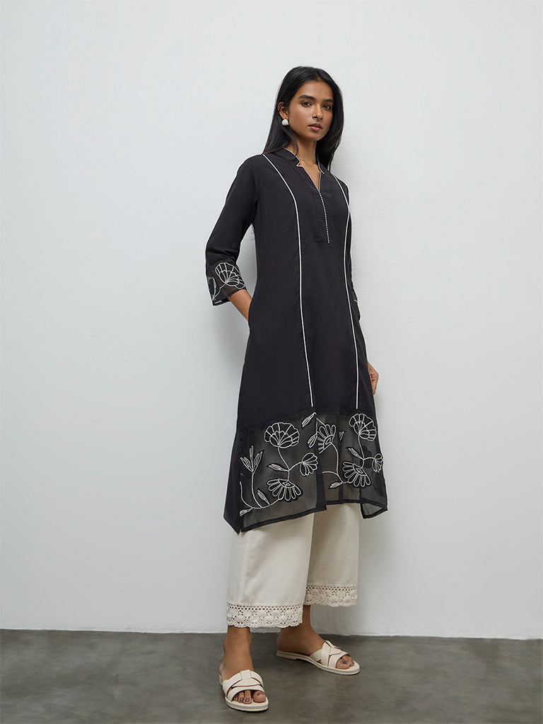 Utsa Black Floral Embroidered Cotton-Blend A-Line Kurta