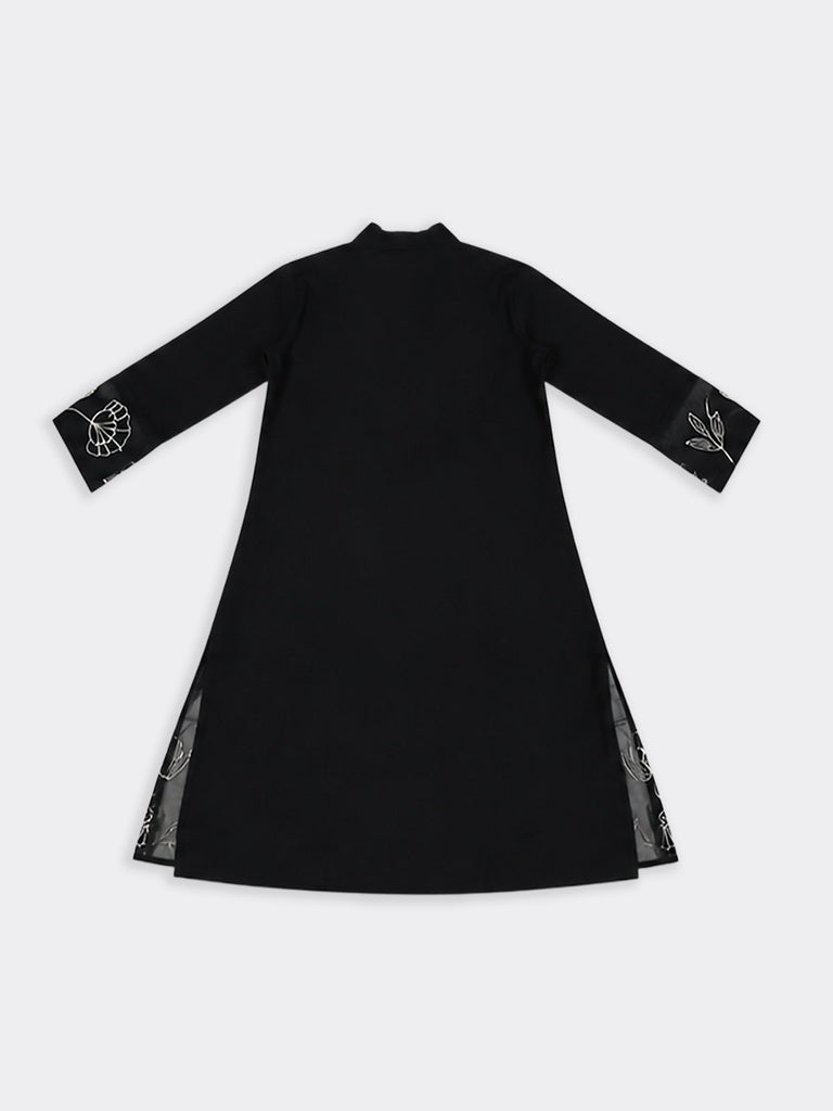Utsa Black Floral Embroidered Cotton-Blend A-Line Kurta