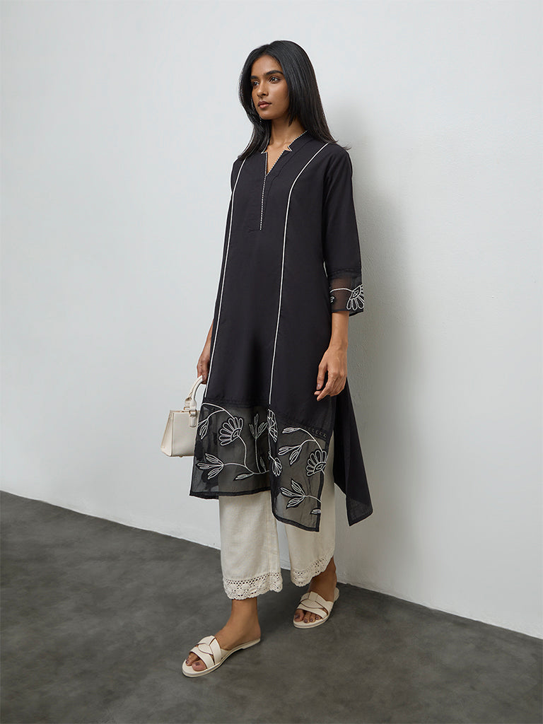 Utsa Black Floral Embroidered Cotton-Blend A-Line Kurta