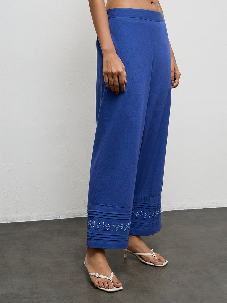 Utsa Indigo Embroidered Cotton-Blend Pants