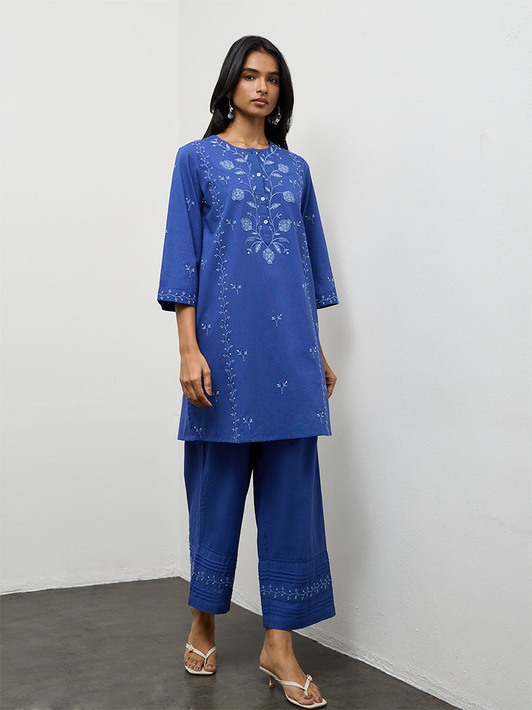 Utsa Indigo Embroidered Cotton-Blend Pants
