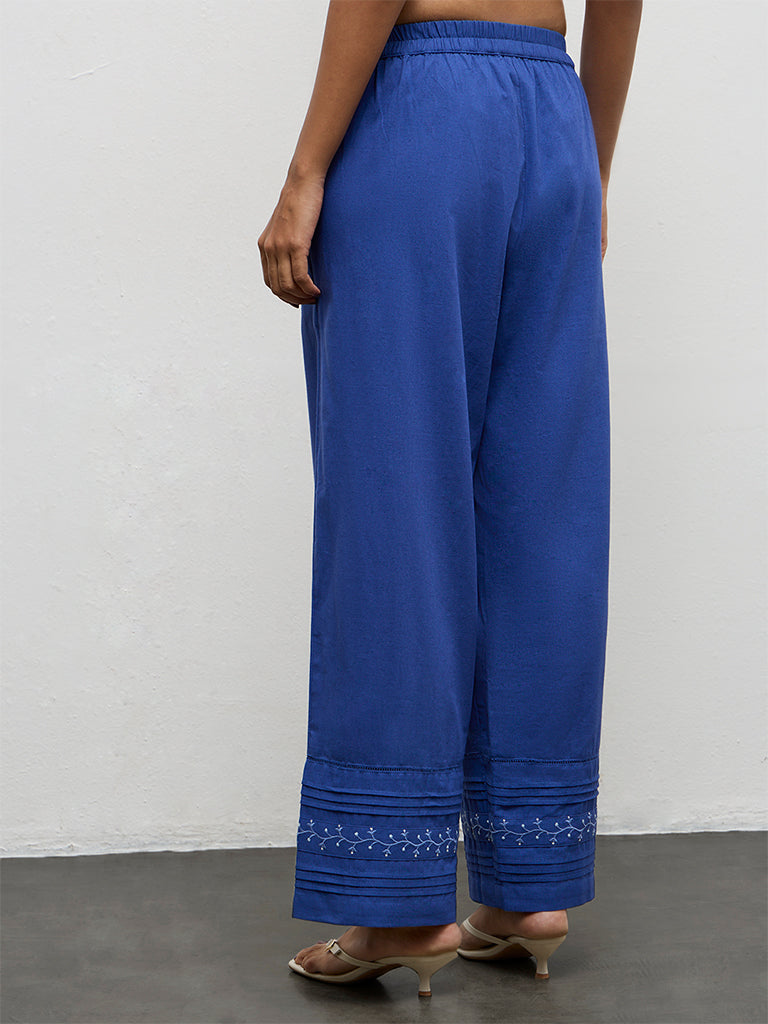 Utsa Indigo Embroidered Cotton-Blend Pants