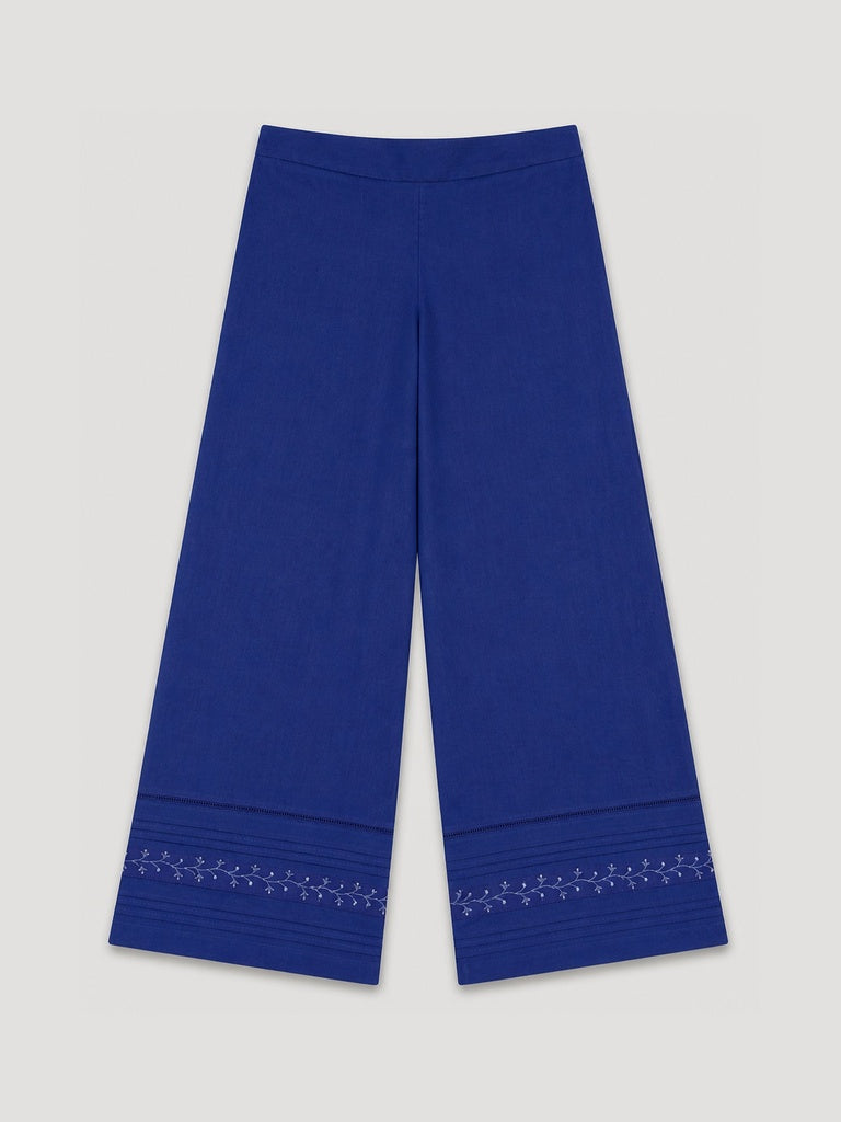 Utsa Indigo Embroidered Cotton-Blend Pants