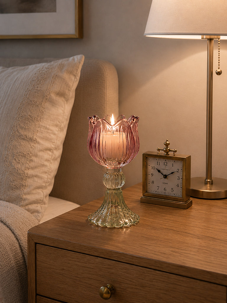 Westside Home Pink Tulip Glass Candle Holder
