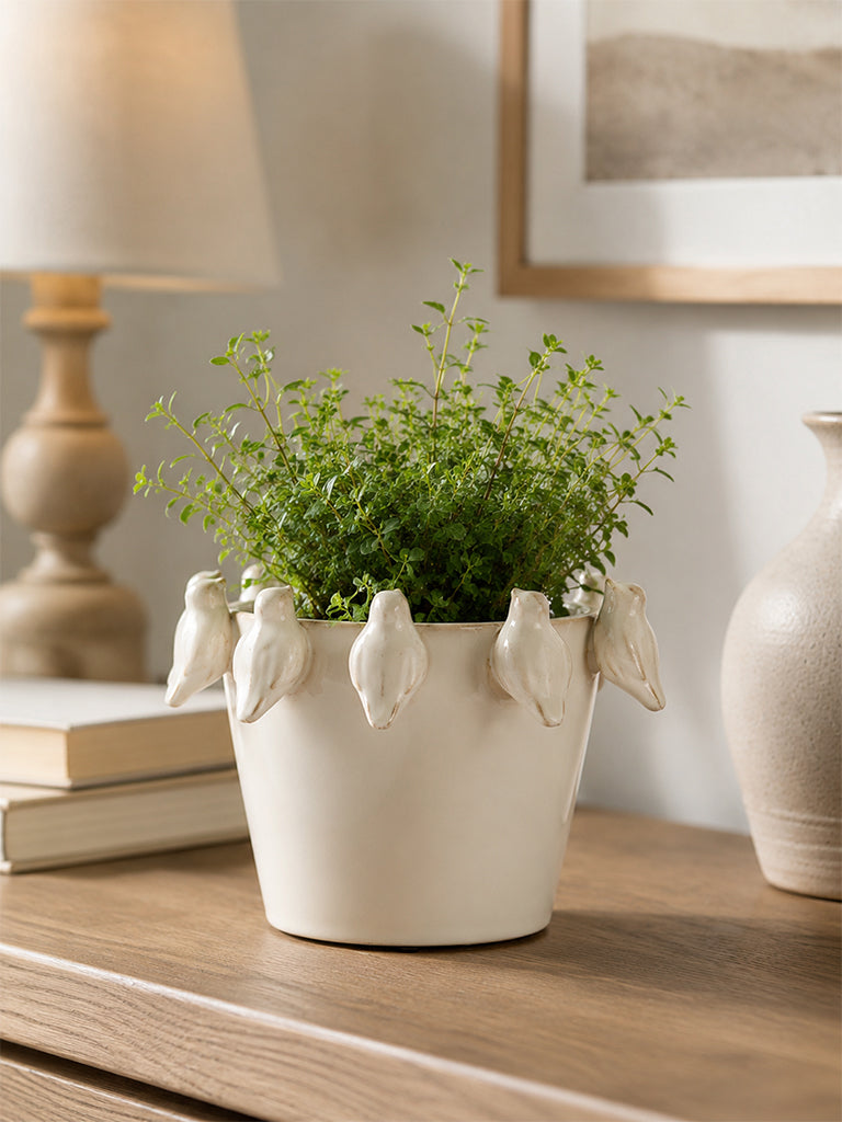 Westside Home White Bird-Design Ceramic Pot