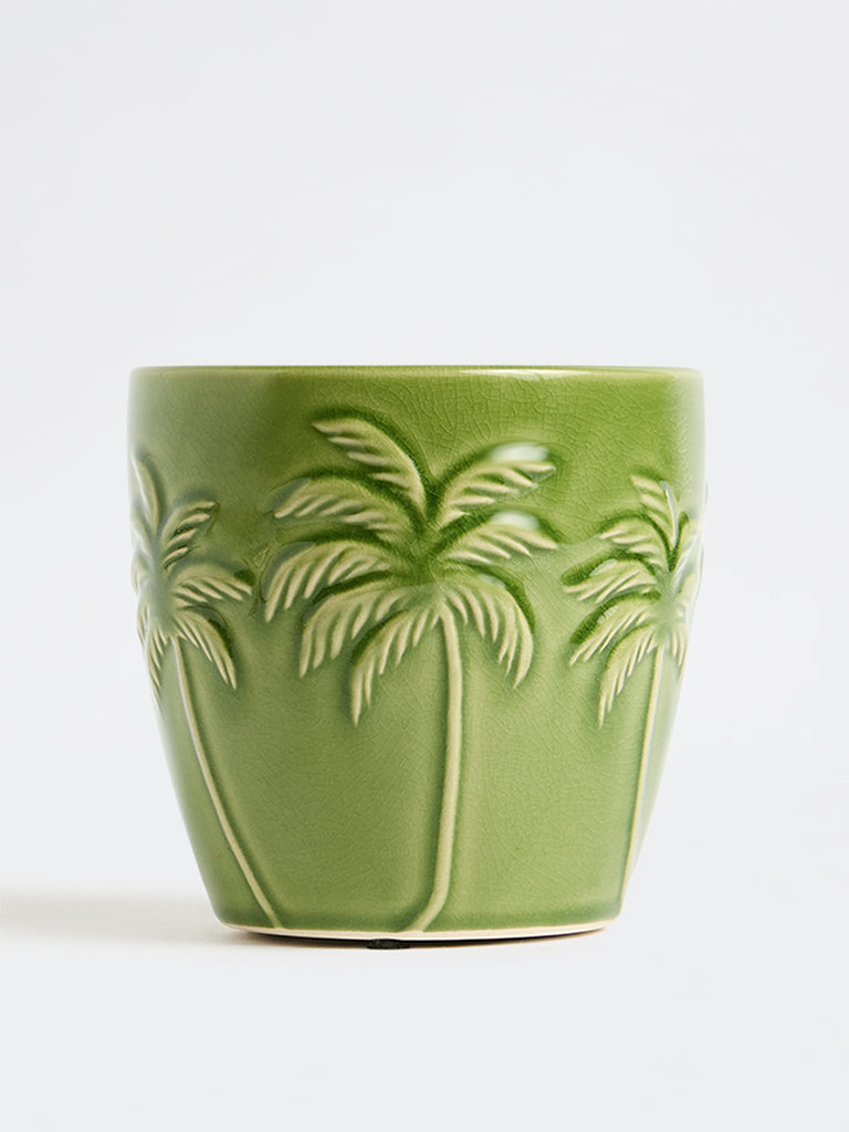Westside Home Green Palm Tree Embossed Ceramic Pot