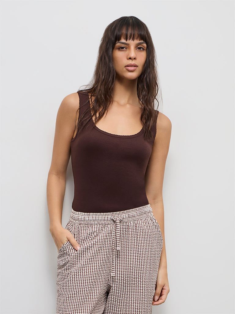 Wunderlove Dark Brown Ribbed-Textured Cotton Camisole