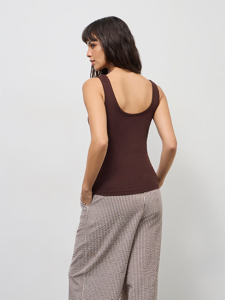 Wunderlove Dark Brown Ribbed-Textured Cotton Camisole