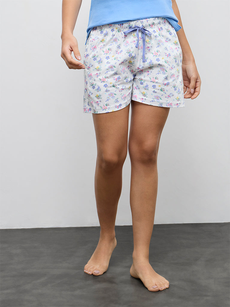 Wunderlove White Floral Printed High-Rise Cotton Shorts
