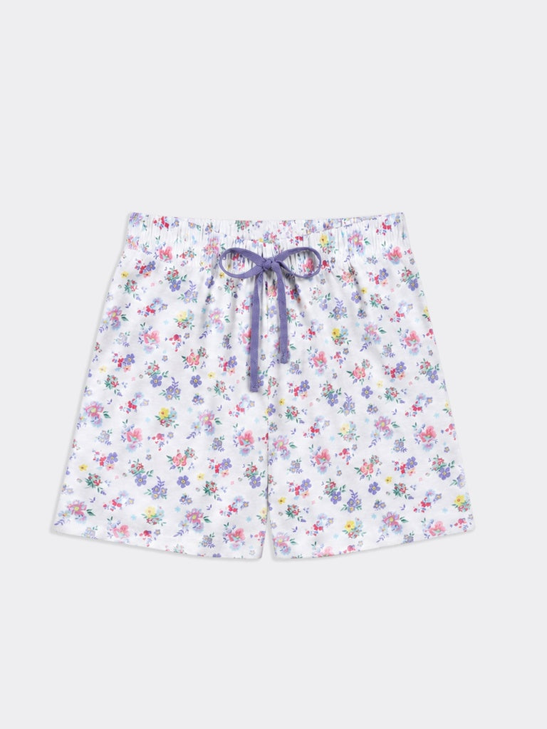 Wunderlove White Floral Printed High-Rise Cotton Shorts