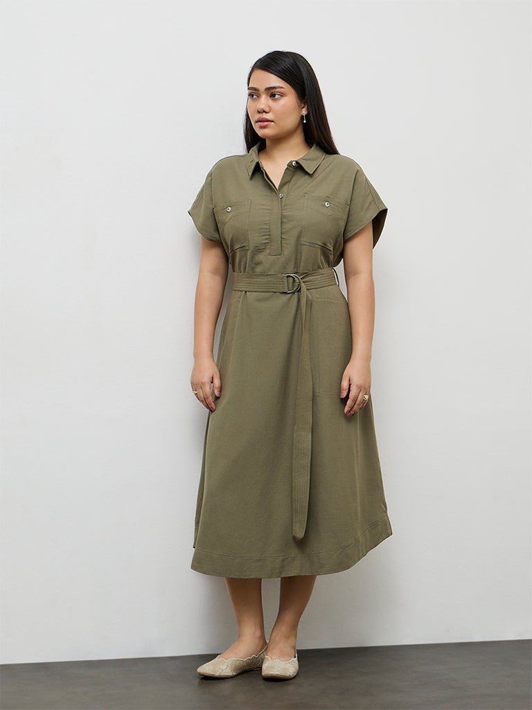 Gia Olive Solid A-Line Dress with Belt