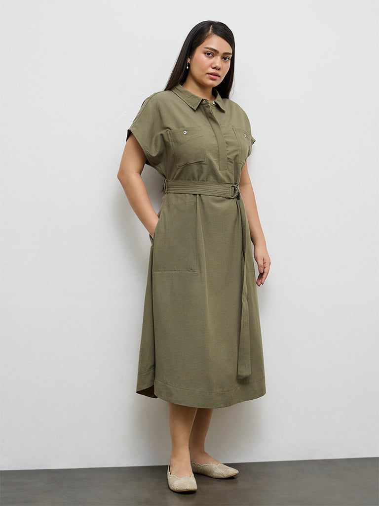 Gia Olive Solid A-Line Dress with Belt