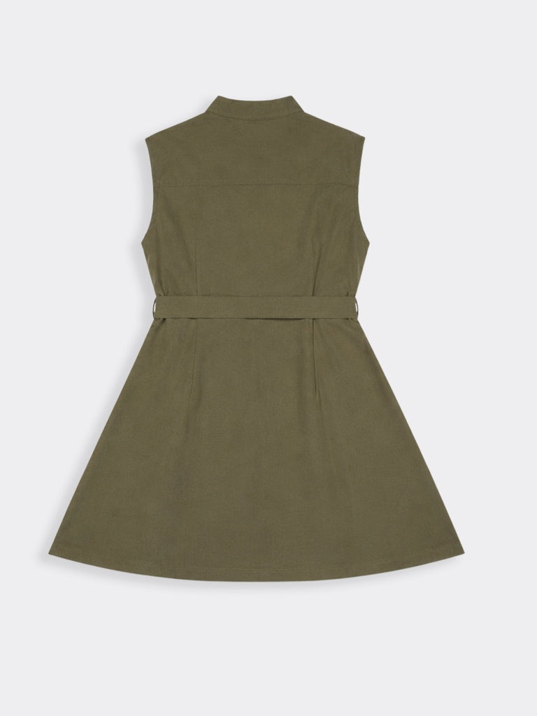 Gia Olive Solid A-Line Dress with Belt