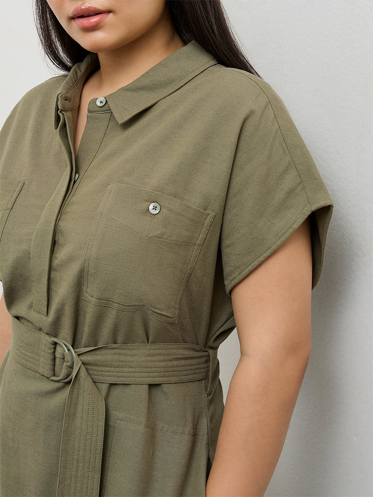 Gia Olive Solid A-Line Dress with Belt