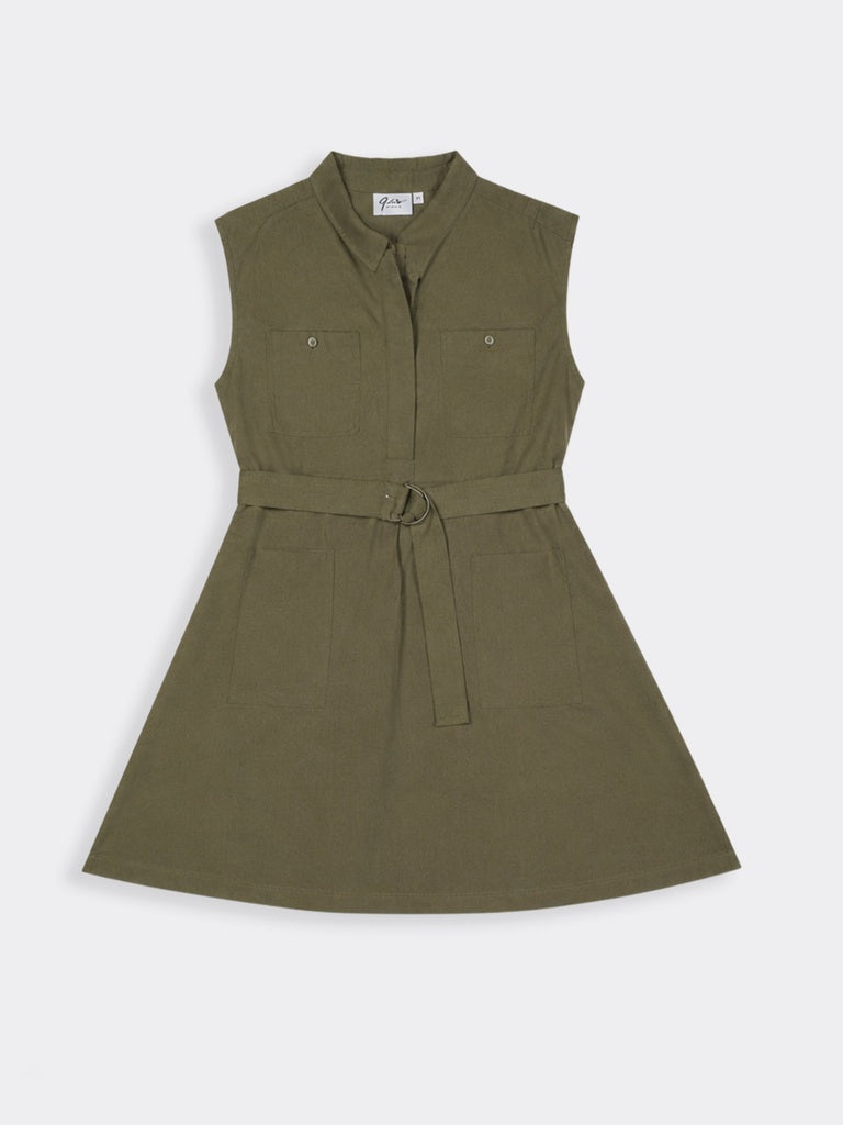 Gia Olive Solid A-Line Dress with Belt