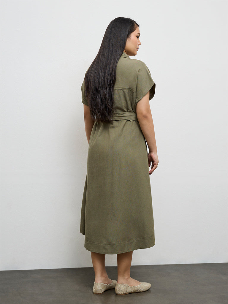 Buy Gia Olive Solid A-Line Dress with Belt from Westside Buy Gia Olive Solid A-Line Dress with Belt from Westside
