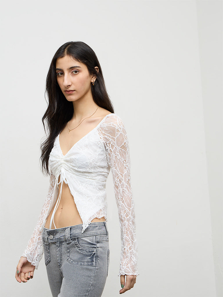 Nuon White Ruched-Detail Lace Top