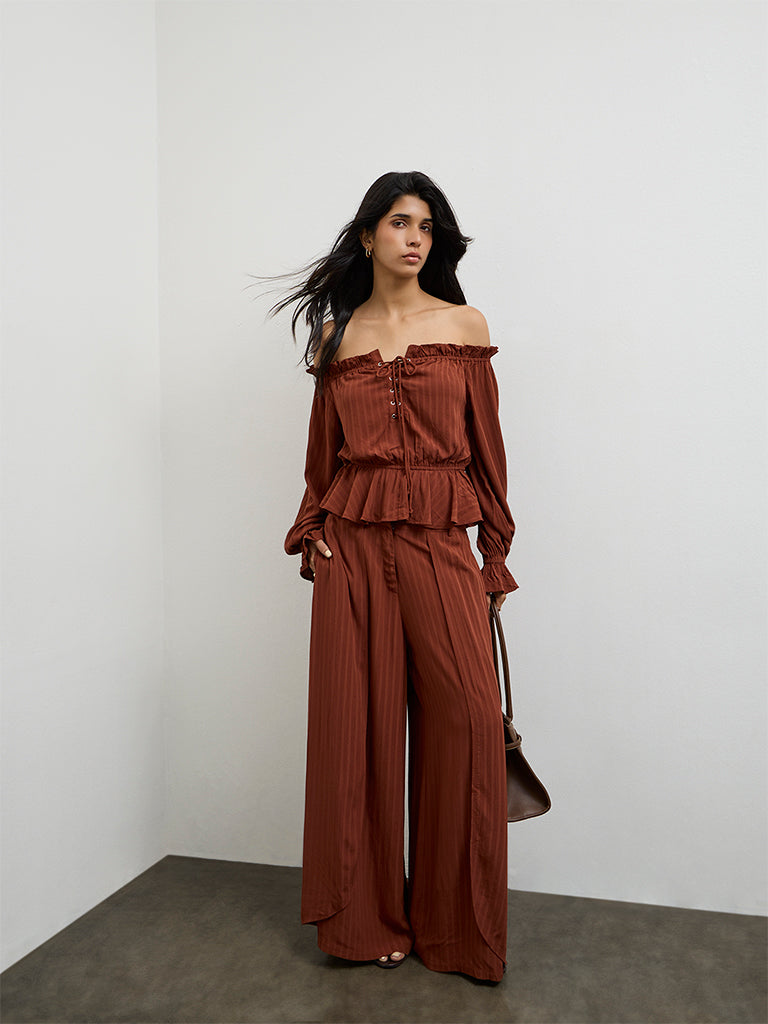 LOV Dark Rust Off-Shoulder Tie-Up Blouse