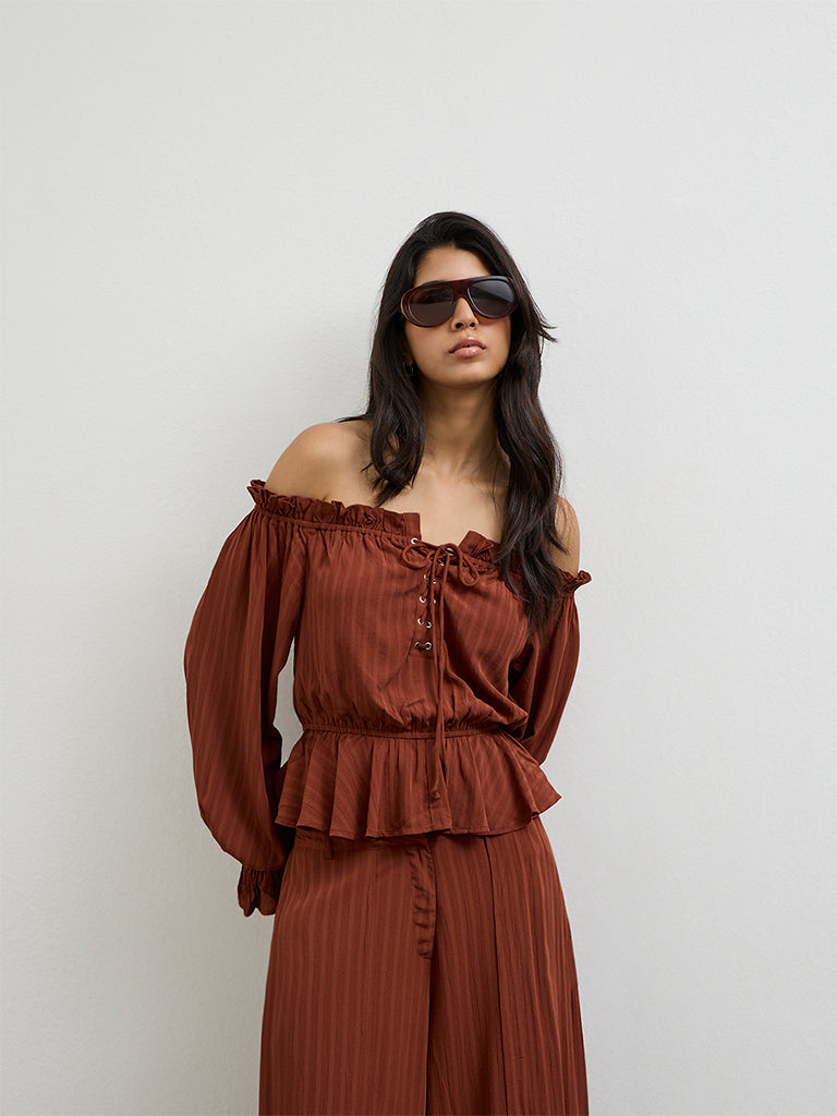 LOV Dark Rust Off-Shoulder Tie-Up Blouse