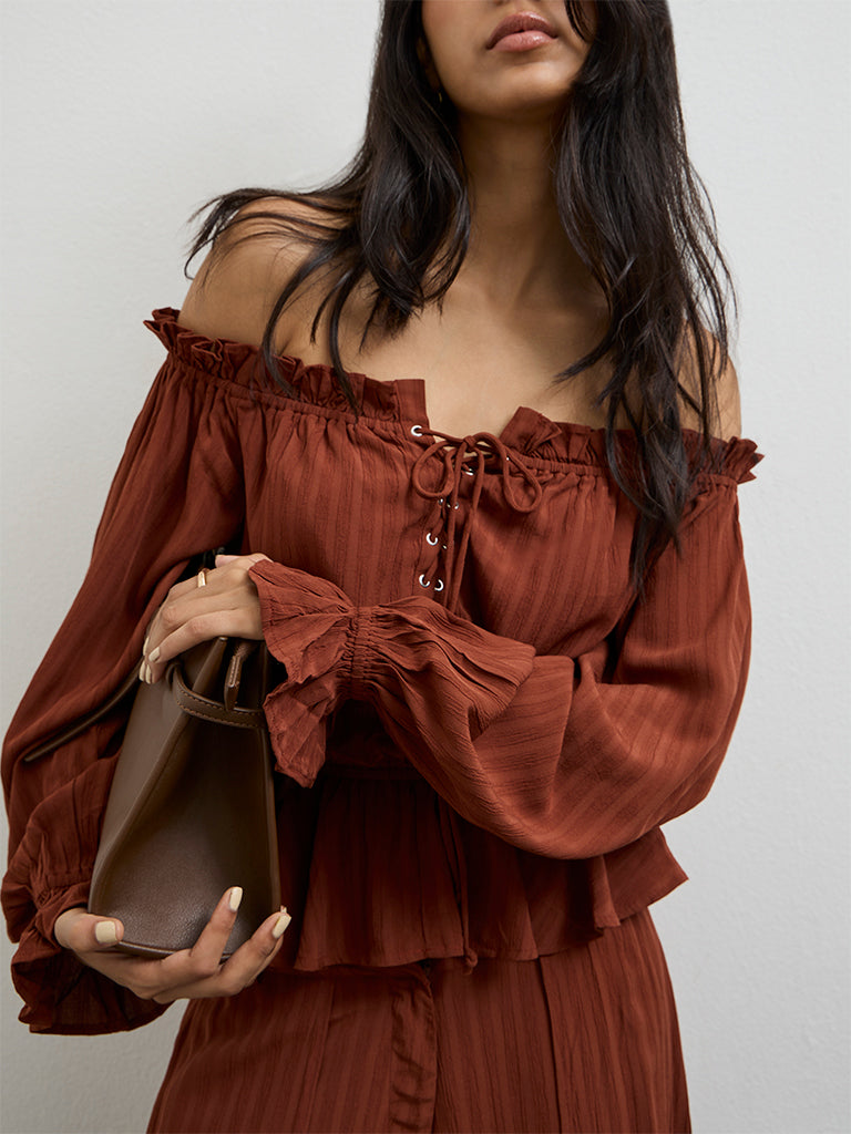 LOV Dark Rust Off-Shoulder Tie-Up Blouse