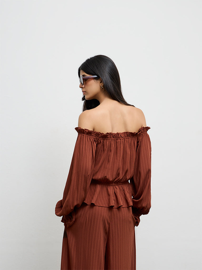 LOV Dark Rust Off-Shoulder Tie-Up Blouse