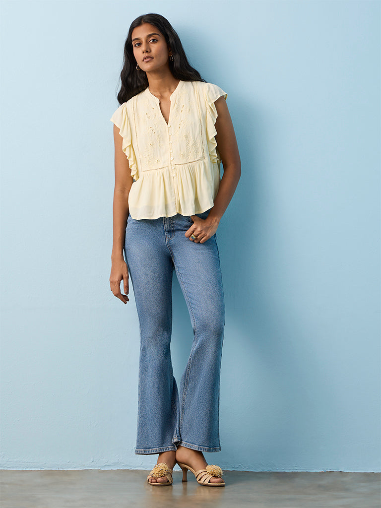 LOV Light Yellow Floral Embroidered Top